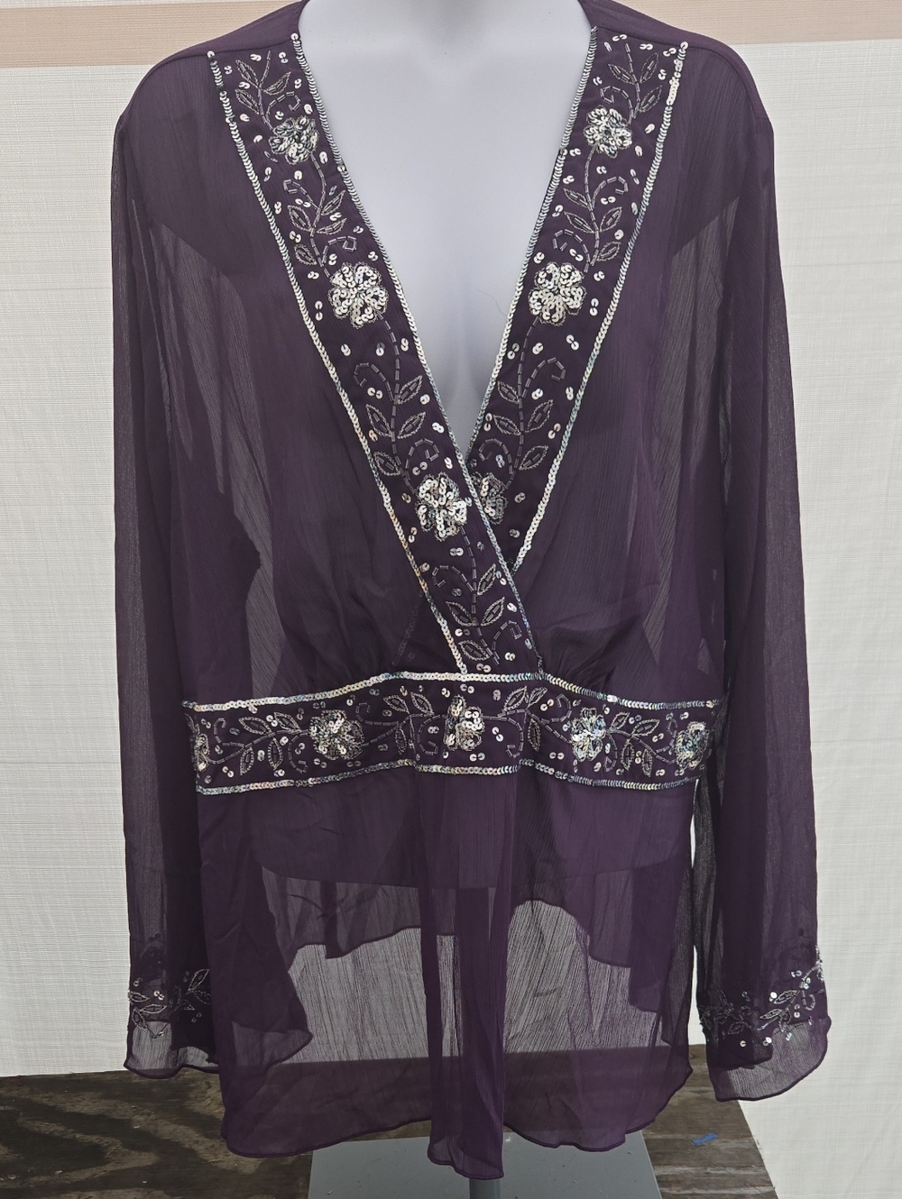 Venezia Deep Purple Sheer Embellished Wrap Blouse